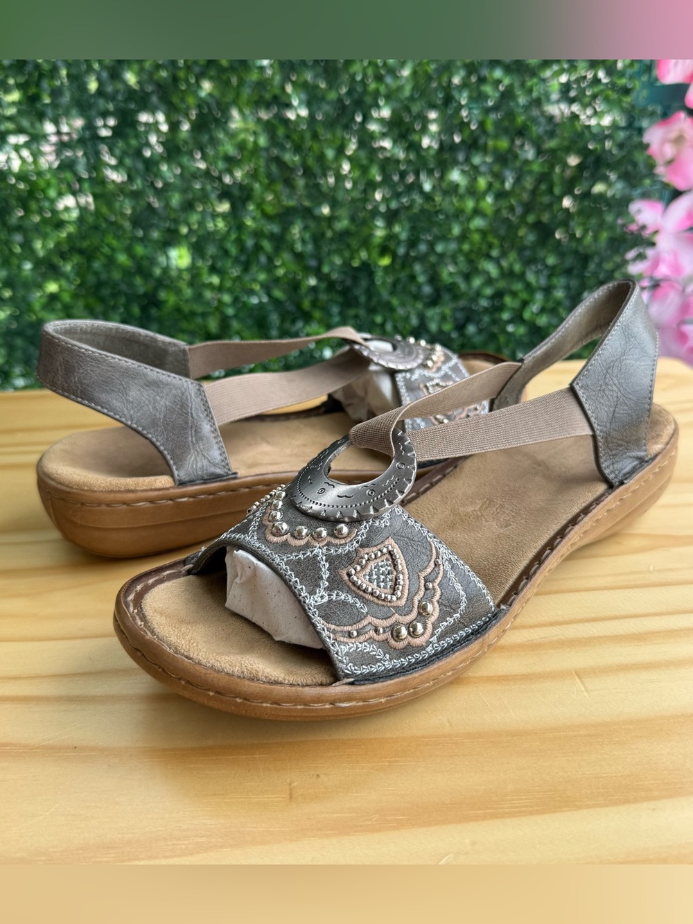 Rieker Women’s 38 Gray Metallic Embellished Comfort Slingback Sandals